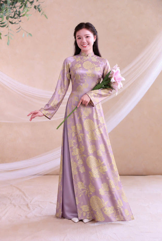 K348 Áo only no pants - Áo dài chiết eo lụa gấm 2 da màu hồng đỗ