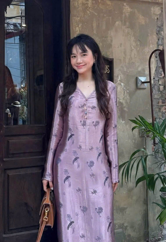 V113 - Đầm dài tay lụa nha xá màu tím