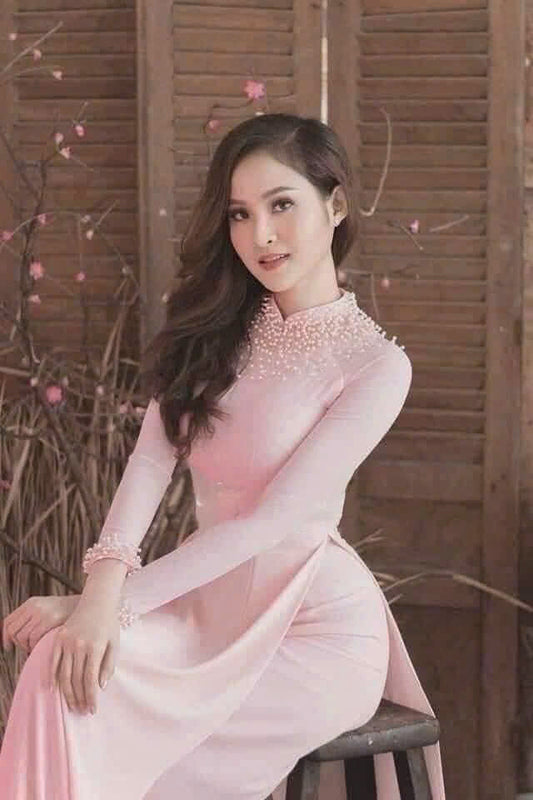 S412 Áo + quần - Áo dài dáng chiết eo lụa mỹ đính kết màu hồng phấn