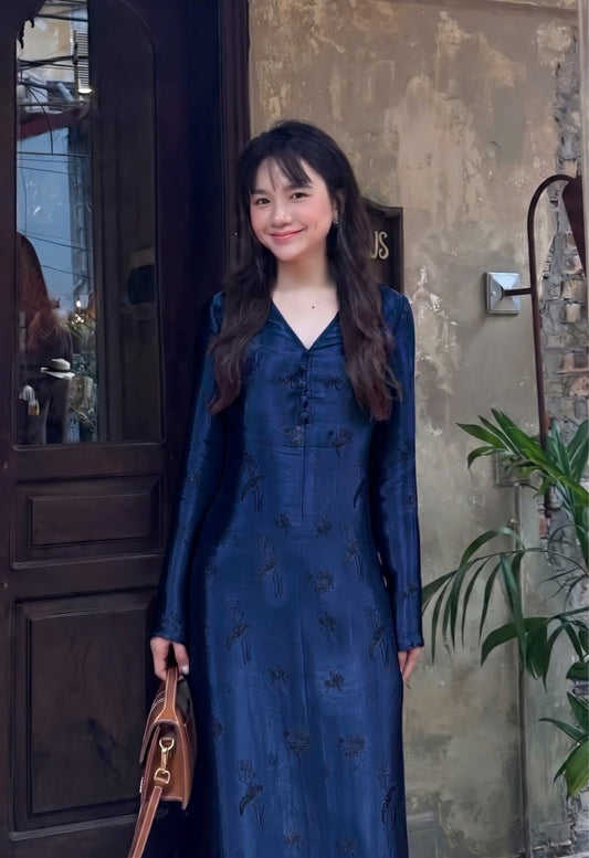 V114 - Đầm dài tay lụa nha xá màu xanh than