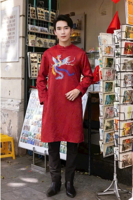B246 6410 - Áo dài nam gấm đỏ thêu
