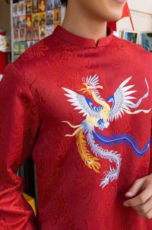 B246 6410 - Áo dài nam gấm đỏ thêu