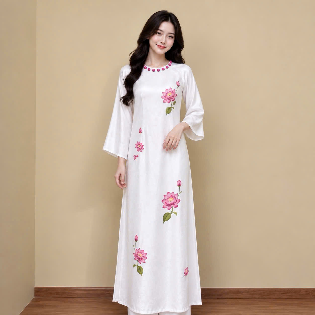 K366 6425 Áo + quần titan - Áo dài dáng suông lụa titan thêu