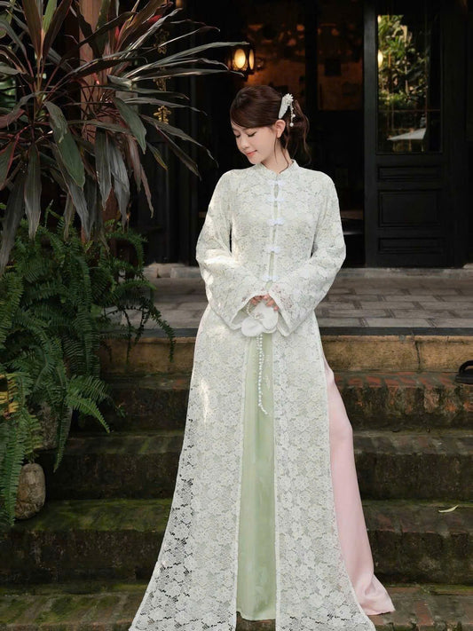 K386 Áo + choàng ren - Áo dài dáng suông lụa tằm sen dạ cúc màu cốm kèm choàng ren