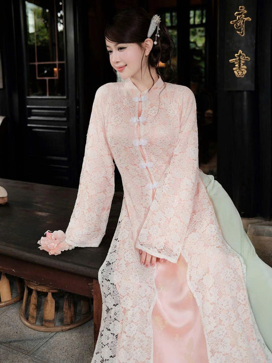 K370 Áo + choàng ren - Áo dài dáng suông lụa tằm sen dạ cúc màu cam sữa kèm choàng ren