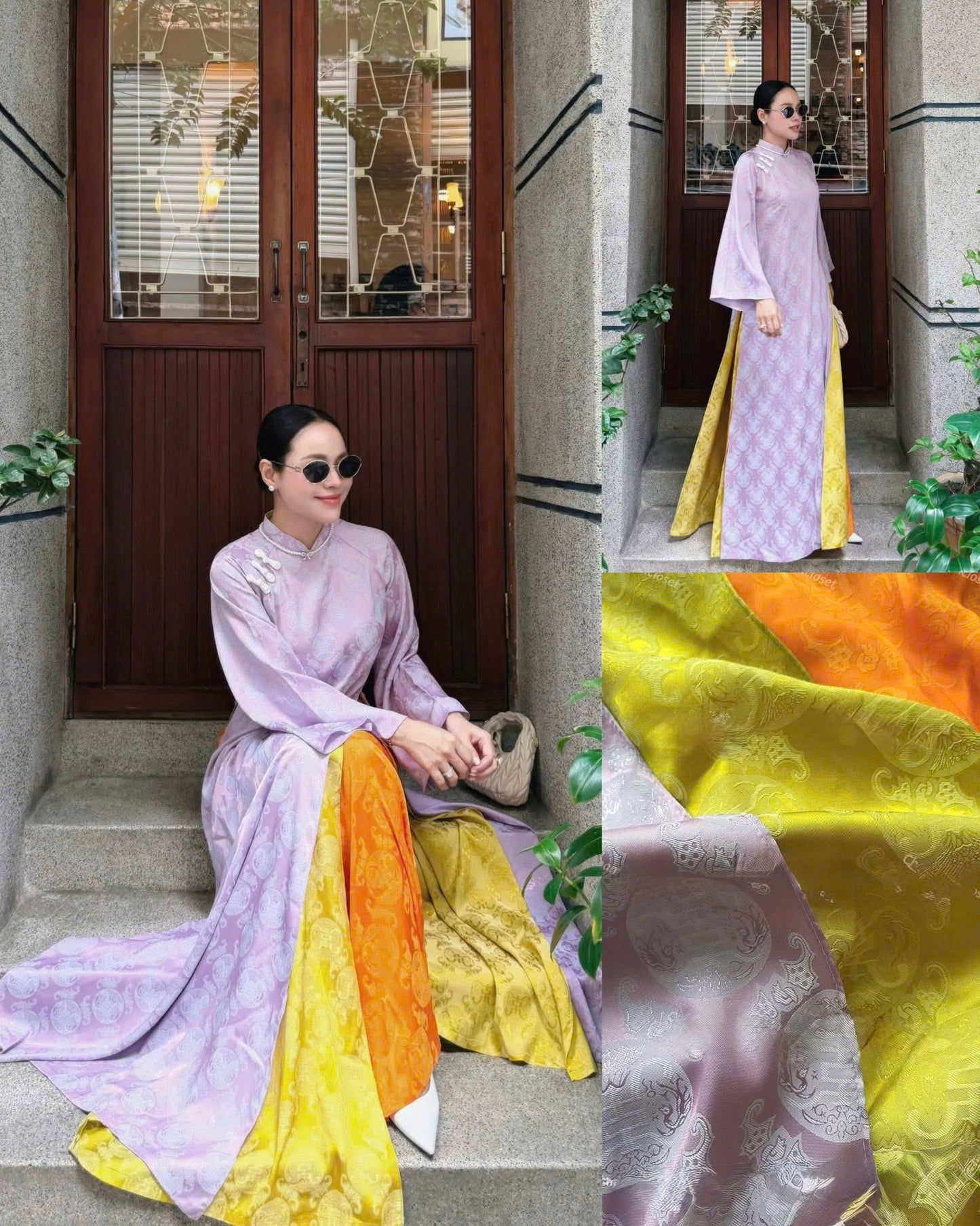 M259 2081 Áo + quần - Áo dài dáng suông 4 tà gấm thọ dơi kèm quần cùng chất