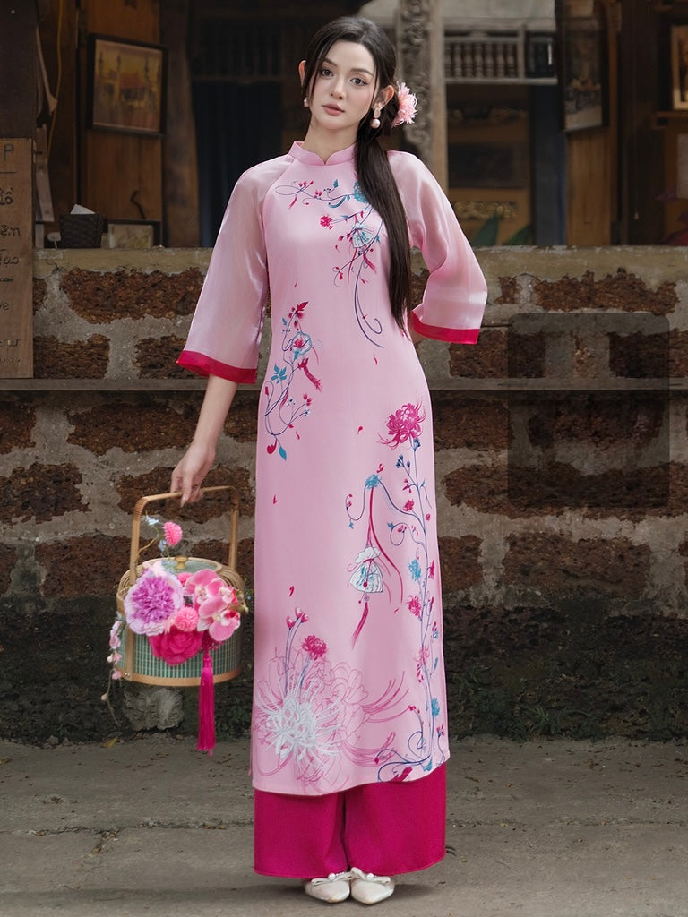 K32 5078 Áo only no pants - Áo dài dáng suông lụa gấm in