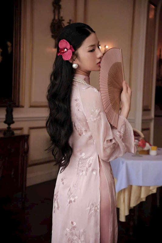 M218 Áo only - Áo dài tơ hồng dệt hoa Hạ Vy