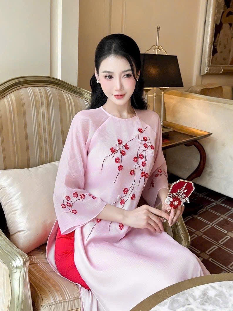 K108 5299 Áo only no pants - Áo dài cách tân tơ 4 tà thêu màu hồng