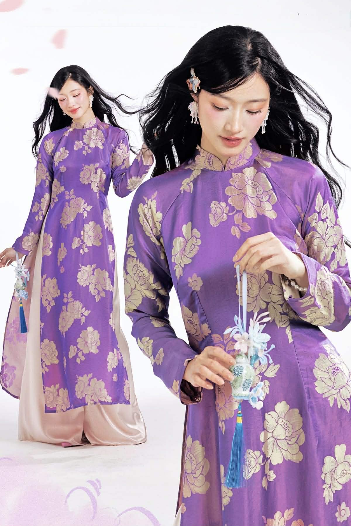 H592 3611 Áo only no pants - Áo dài lụa tằm silk óng quý châu màu tím dài 140cm