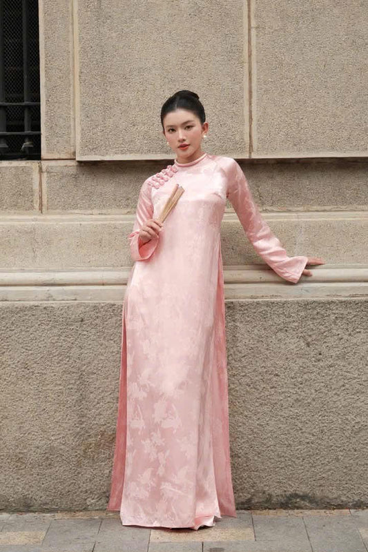 H676 3753 Áo only no pants - Áo dài dáng suông 2 tà màu hồng