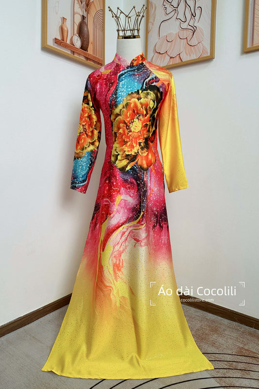 H648 Áo only no pants - Áo dài dáng truyền thống chiết li màu vàng