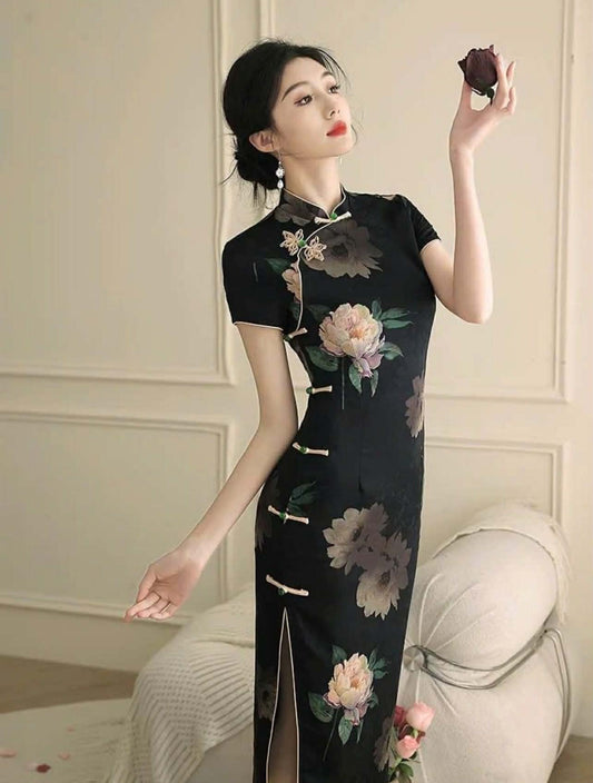 SX04 3746 - Sườn xám lửng tĩnh mặc