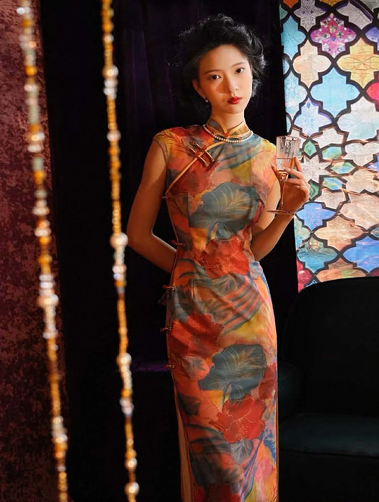 SX09 3751 - Sườn xám dài thiều hoa