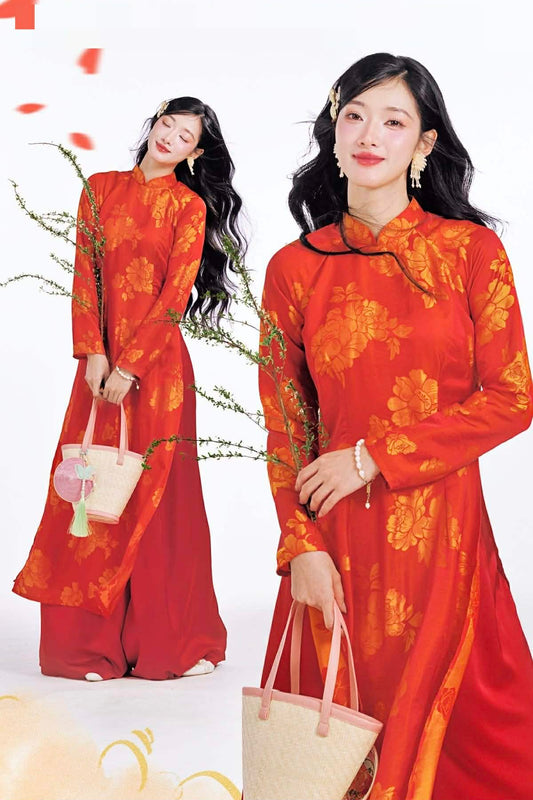 H594 3613 Áo only no pants - Áo dài lụa tằm silk óng quý châu màu cam dài 140cm
