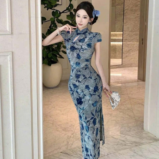 SX06 3748 - Sườn xám xanh lửng