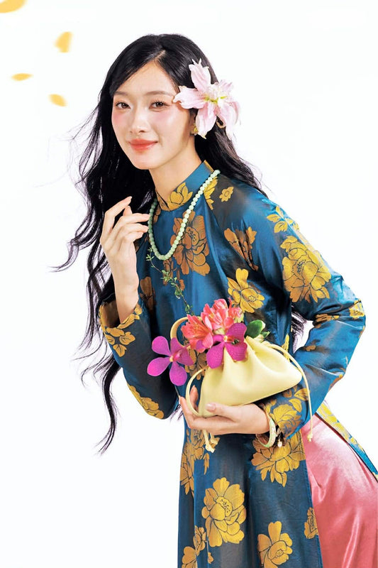 H590 3609 Áo only no pants - Áo dài lụa tằm silk óng quý châu màu xanh dương dài 140cm