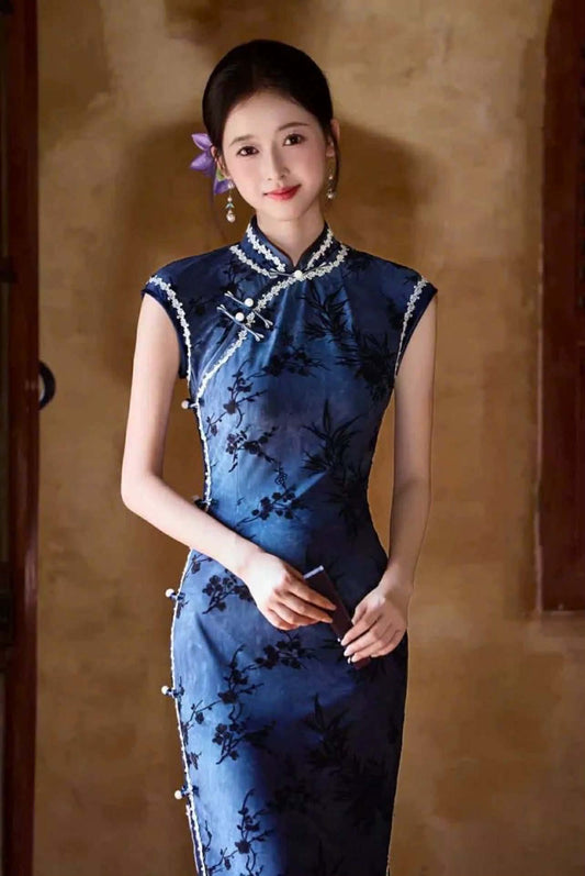 SX07 3749 - Sườn xám lụa dài thanh trúc lam