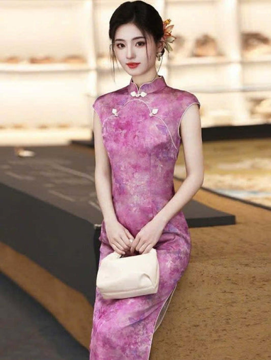 SX05 3747 - Sườn xám lửng hồng tử lan