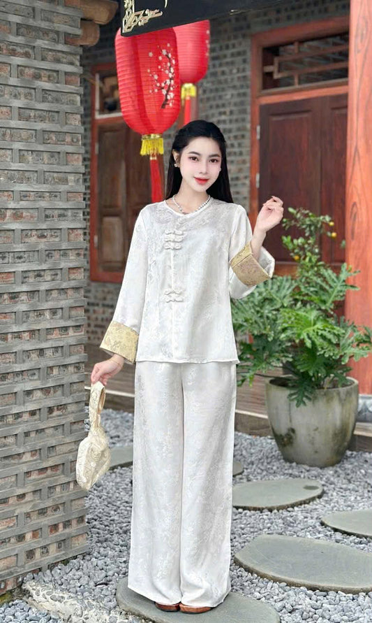 BB117 3702 - Set bà ba lụa tằm màu trắng