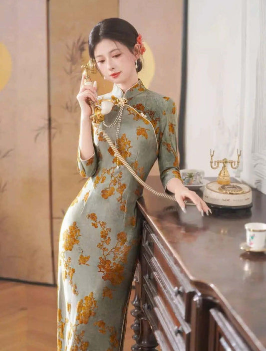 SX01 3743 - Sườn xám dài hoa trà