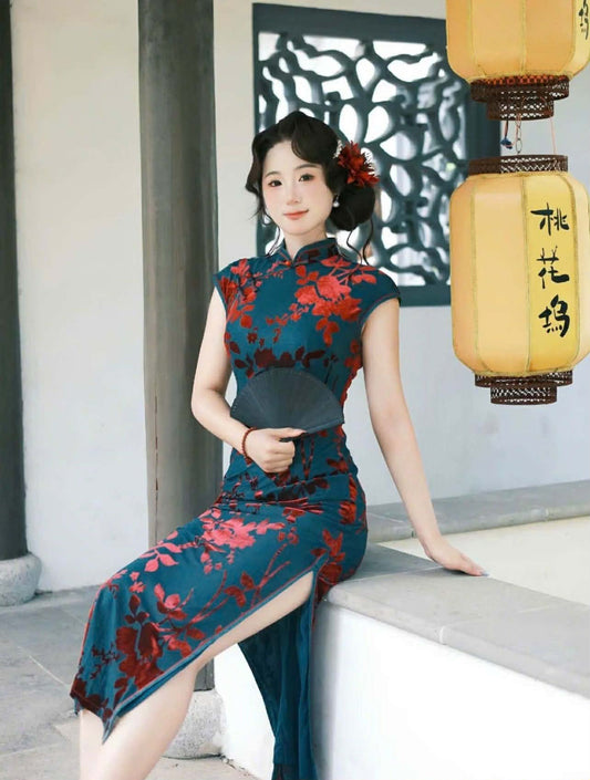 SX10 3752 - Sườn xám lửng lam đào