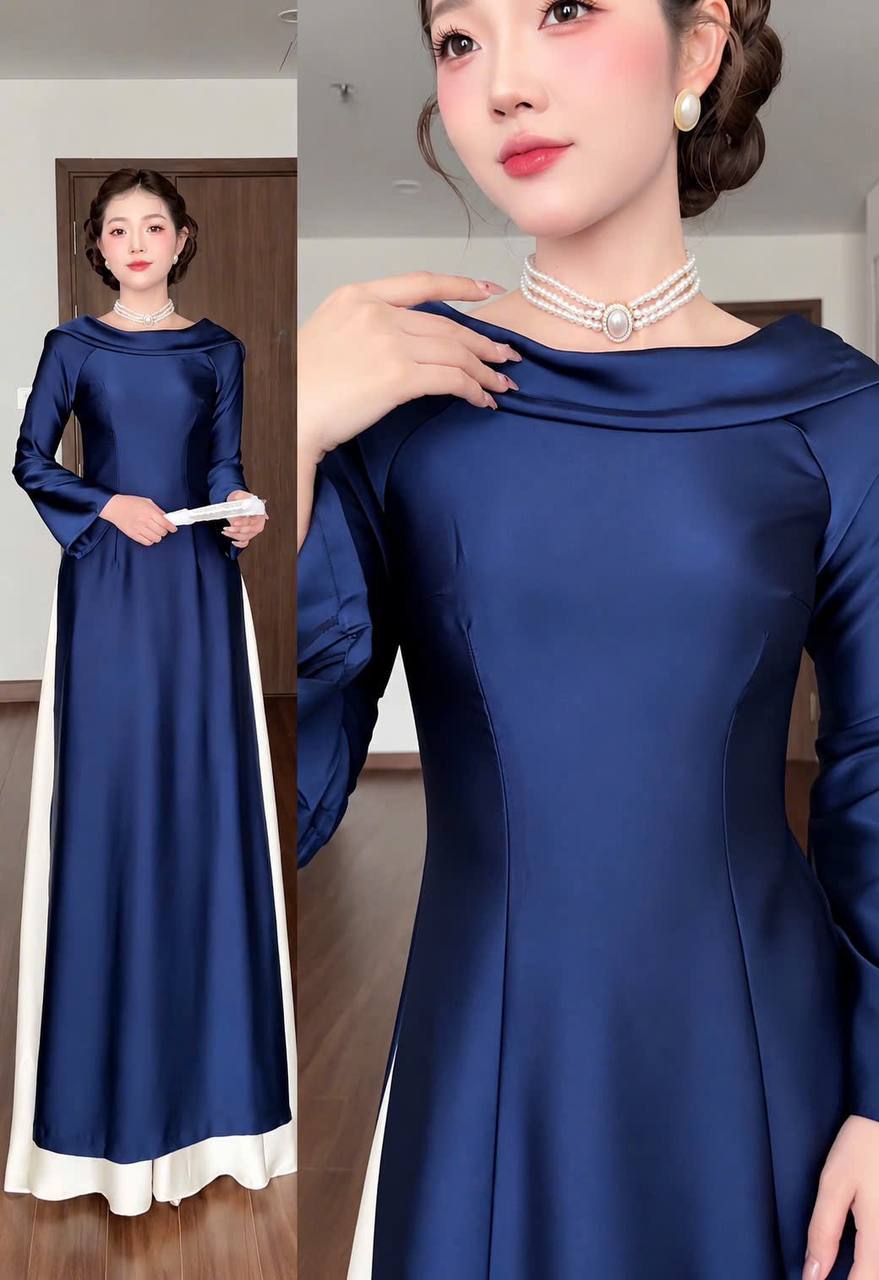 K283 Áo only no pants - Áo dài chiết eo lụa tô châu màu xanh than