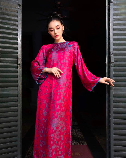 H737 4064 Áo only no pants - Áo dài dáng suông 2 tà lụa silk óng tuyết mai