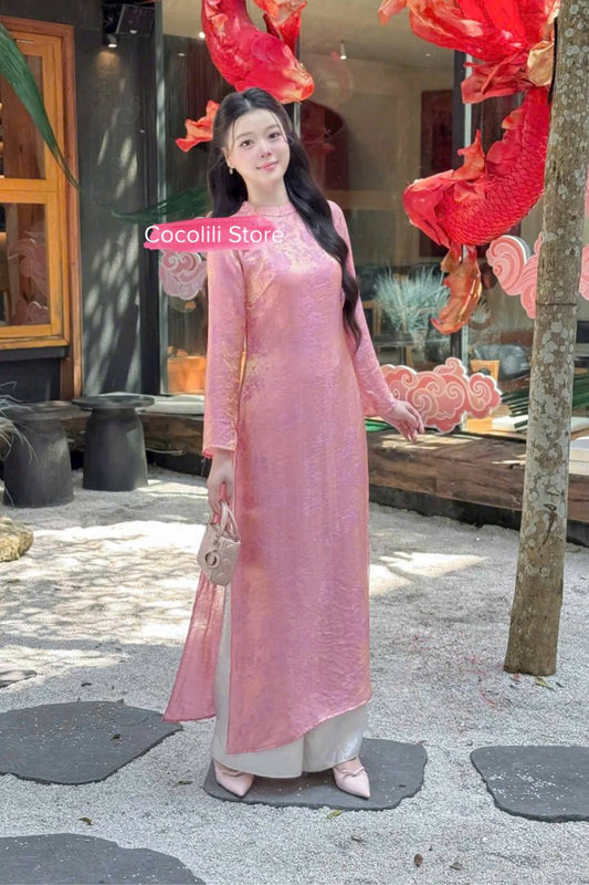 K109 5663 Áo only no pants - Áo dài dáng suông lụa tằm ánh kim tencel trơn