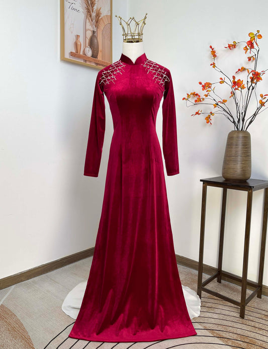 S243 1898 Áo only - Áo dài nhung màu đỏ đô đính vai