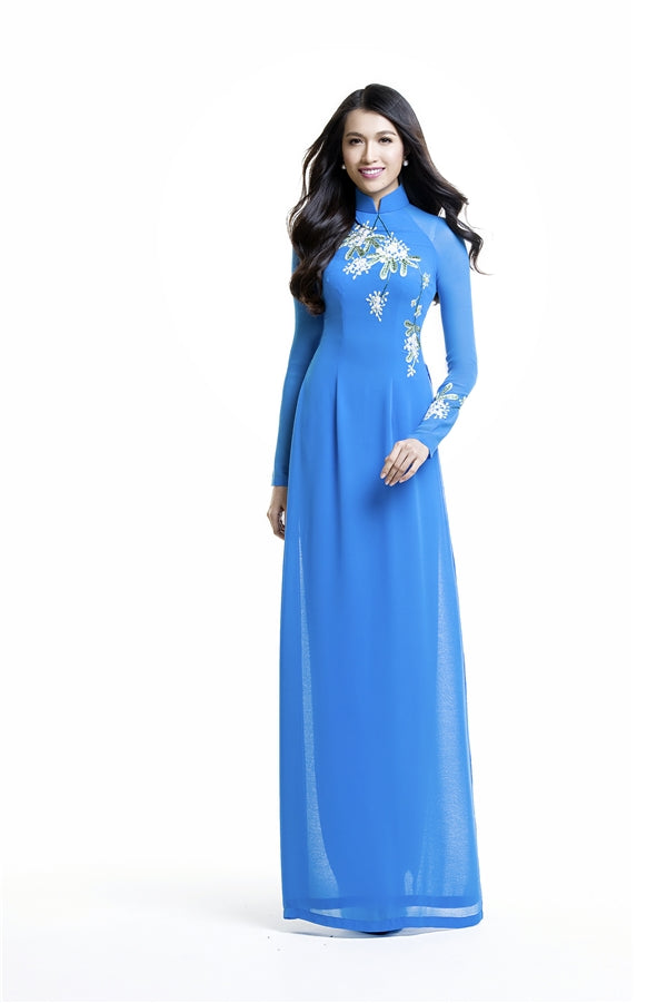 C72 Áo + quần chiffon - Áo dài chiffon 4 tà màu xanh đức mẹ thêu hoa
