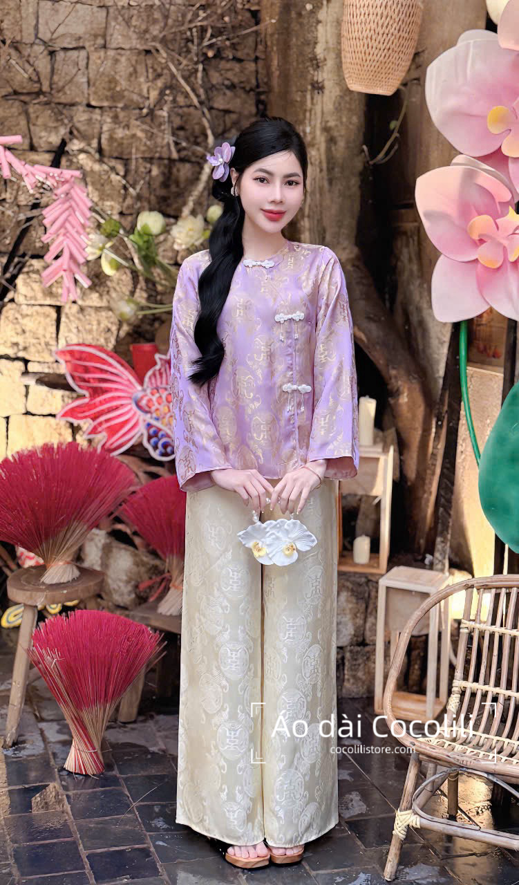 BB58 - Set bà ba lụa gấm thọ dơi khuy đá