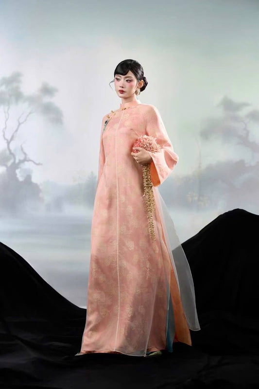 K216 5747 Áo only no pants - Áo dài dáng suông 4 tà lụa gấm choàng tơ màu cam nhạt