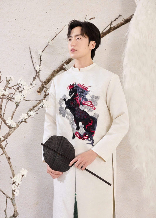 B140 Áo only - Áo dài nam gấm vân màu trắng kem thêu ngựa