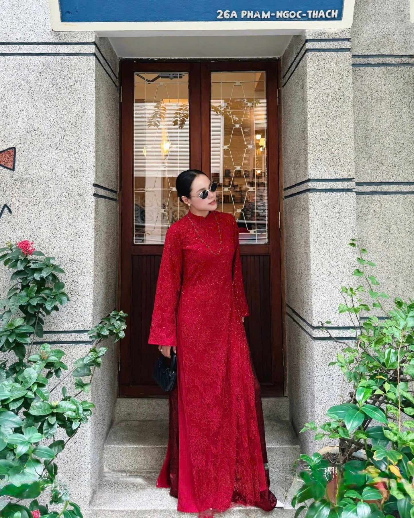 M257 Áo + quần nhũ đỏ - Áo dài ren 4 tà kèm quần nhũ màu đỏ