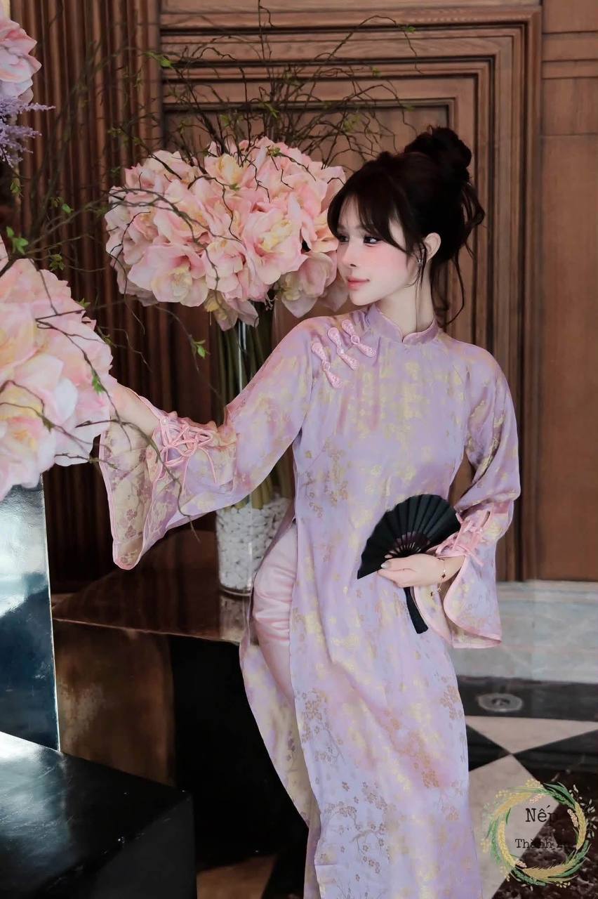 K157 Áo only no pants - Áo dài dáng suông lụa tuyết mai màu hồng tím