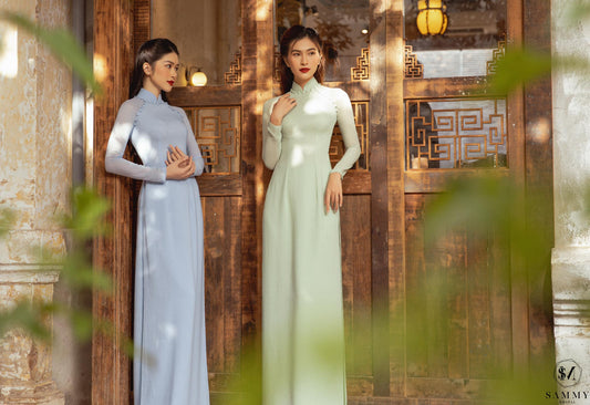 C98 6052 Áo + quần - Áo dài chiffon 4 tà màu XANH BƠ đính cúc bọc