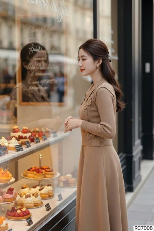 DRESS Rc7008 Set áo ghile len màu nâu