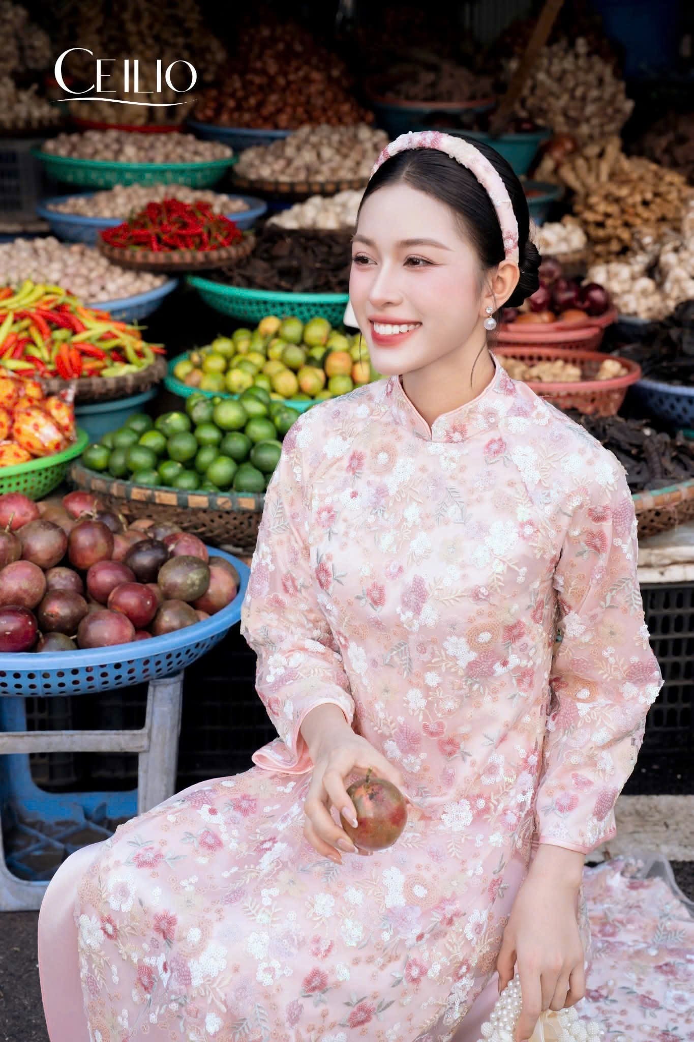 H508 2160 Áo Only - Áo dài kimsa hồng hoa nhỏ