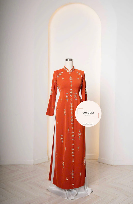 S228 1697 Áo Only - Áo dài thiết kế chiffon 4 tà đính kết pha lê