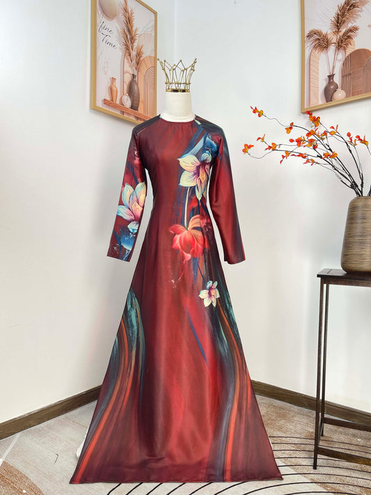 H482 1962 Áo only - Áo dài lụa ánh sao loang đỏ đậm in hoa