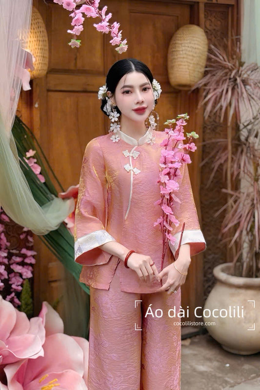 BB59 3225 - Set bà ba lụa tằm tencel ánh kim màu hồng