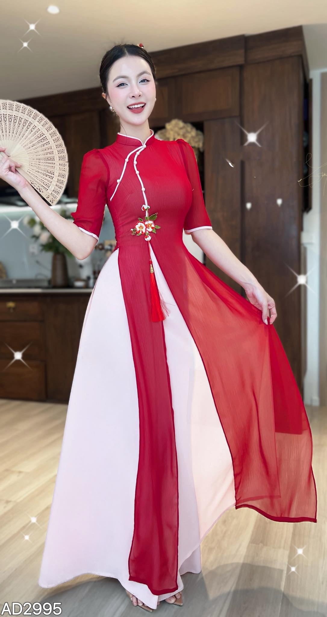 AD2995 2382 Áo ĐỎ + quần - Áo Dài 4 tà CÀNH LỘC XUÂN