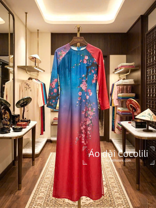 H598 Áo only no pants - Áo dài lụa ánh sao dáng truyền thống hoa đào