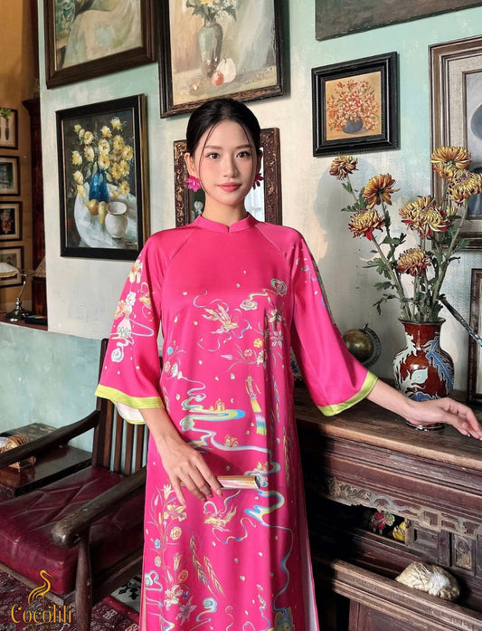 M178 2188 Áo hồng sen - Áo dài cách tân dáng suông + quần xanh lá