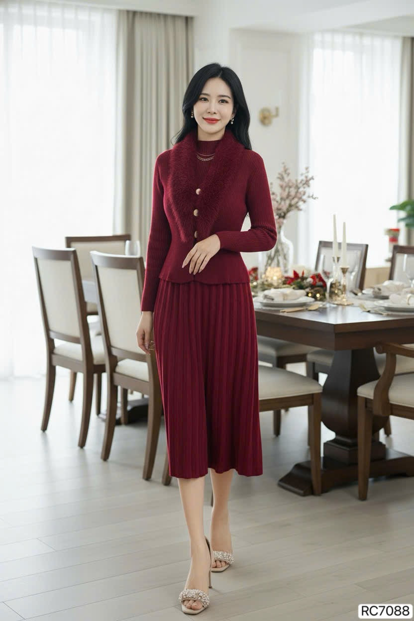 DRESS Rc7088 Set len cổ lông màu đỏ