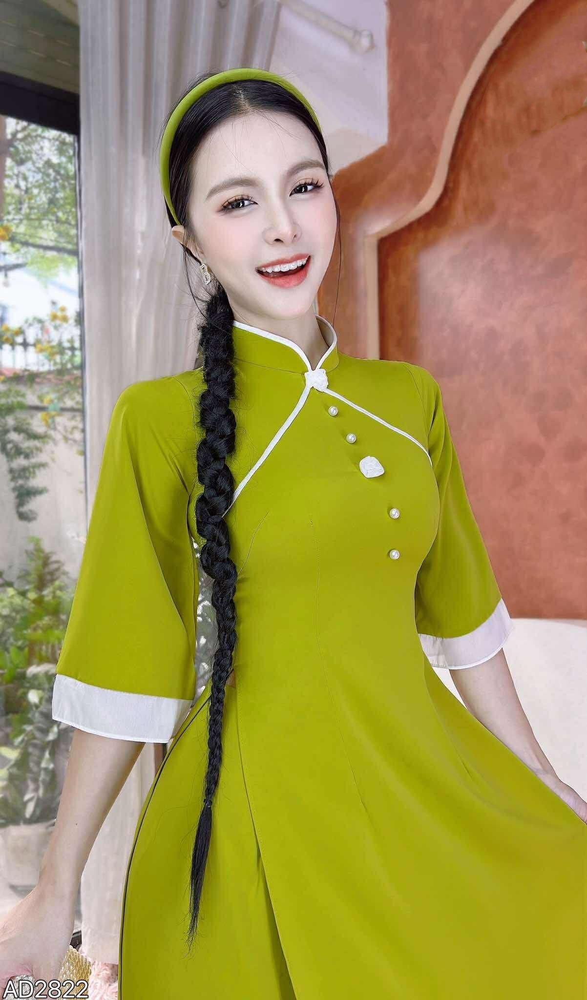 AD9001.2822-H520-3307 Áo only - Áo Dài hoa Hoa giọt sương xanh bơ