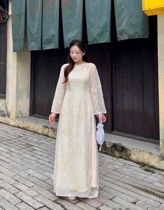 K52 5112 Áo only no pants - Áo dài dáng truyền thống chiết li eo tơ thêu 4 tà