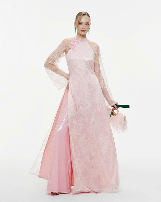 H595 3630 Áo only no pants - Áo dài dáng suông ren 4 tà màu hồng