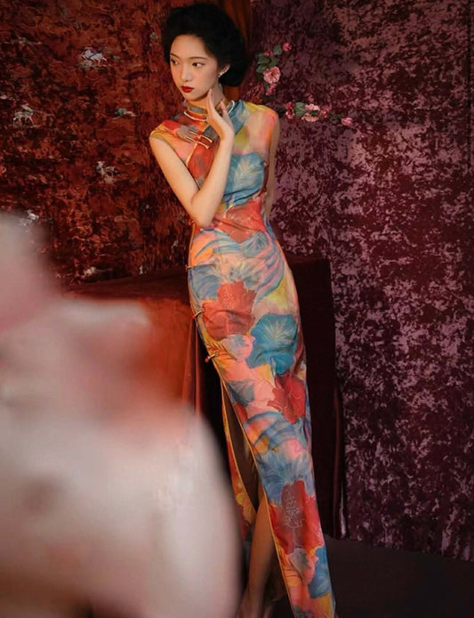 SX09 3751 - Sườn xám dài thiều hoa